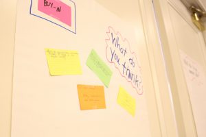 Post it knows depicting questions for participants on how to gain buy-in for the program