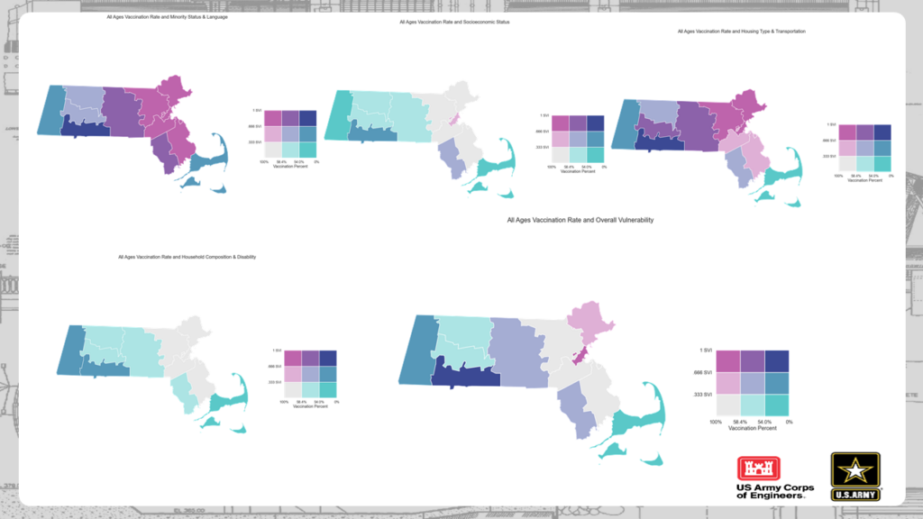 Maps of Massachusetts showing social vulnerability and vaccination rates, with less socially vulnerable areas having higher vaccination rates.