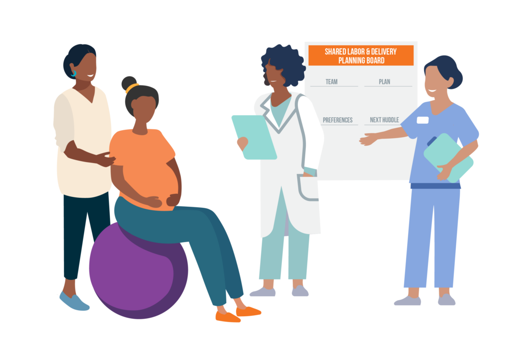 Graphic illustration of a medical team conducting a TeamBirth huddle around an expecting parent on a birthing ball and their support person.
